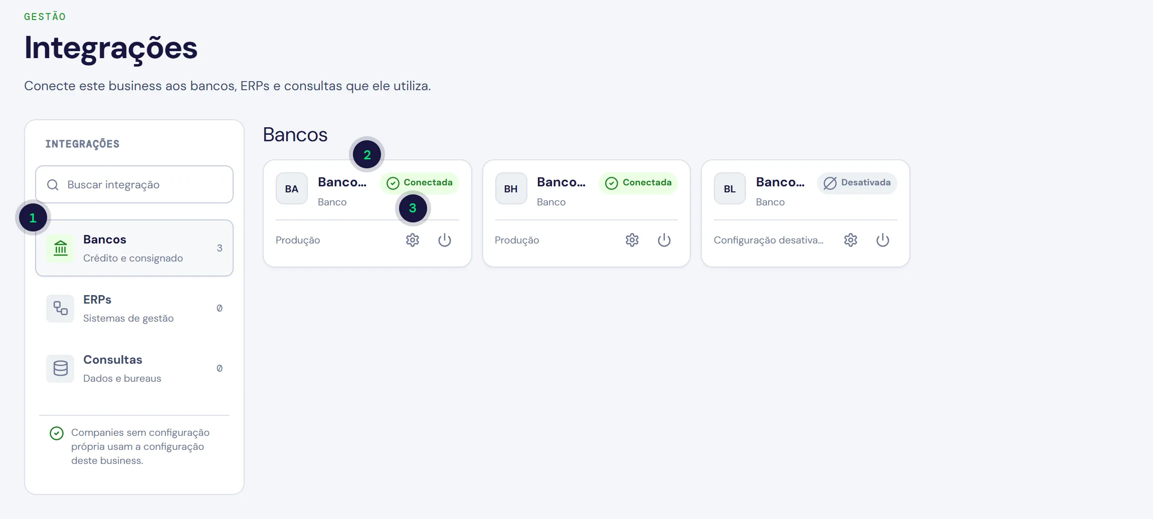 Tela Integrações com a categoria Bancos e três integrações