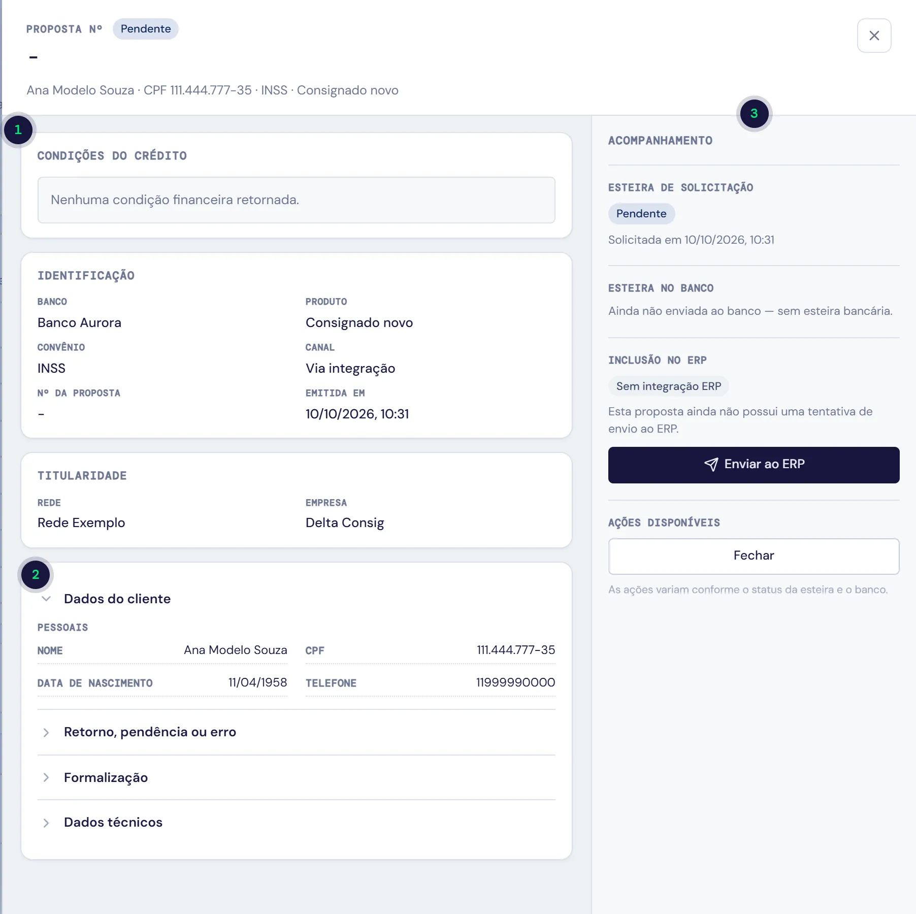 Detalhe de uma proposta com condições, identificação, dados do cliente e acompanhamento