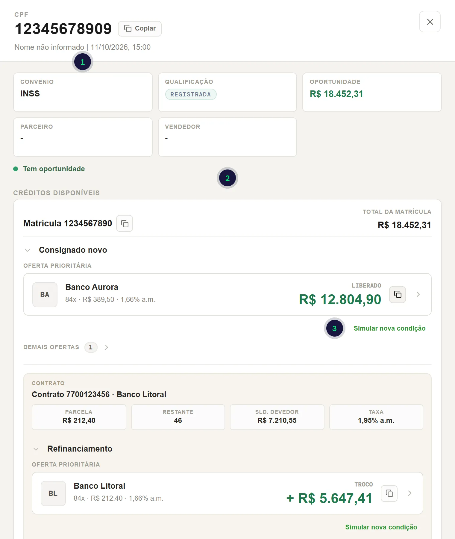 Detalhe da qualificação com créditos disponíveis por matrícula