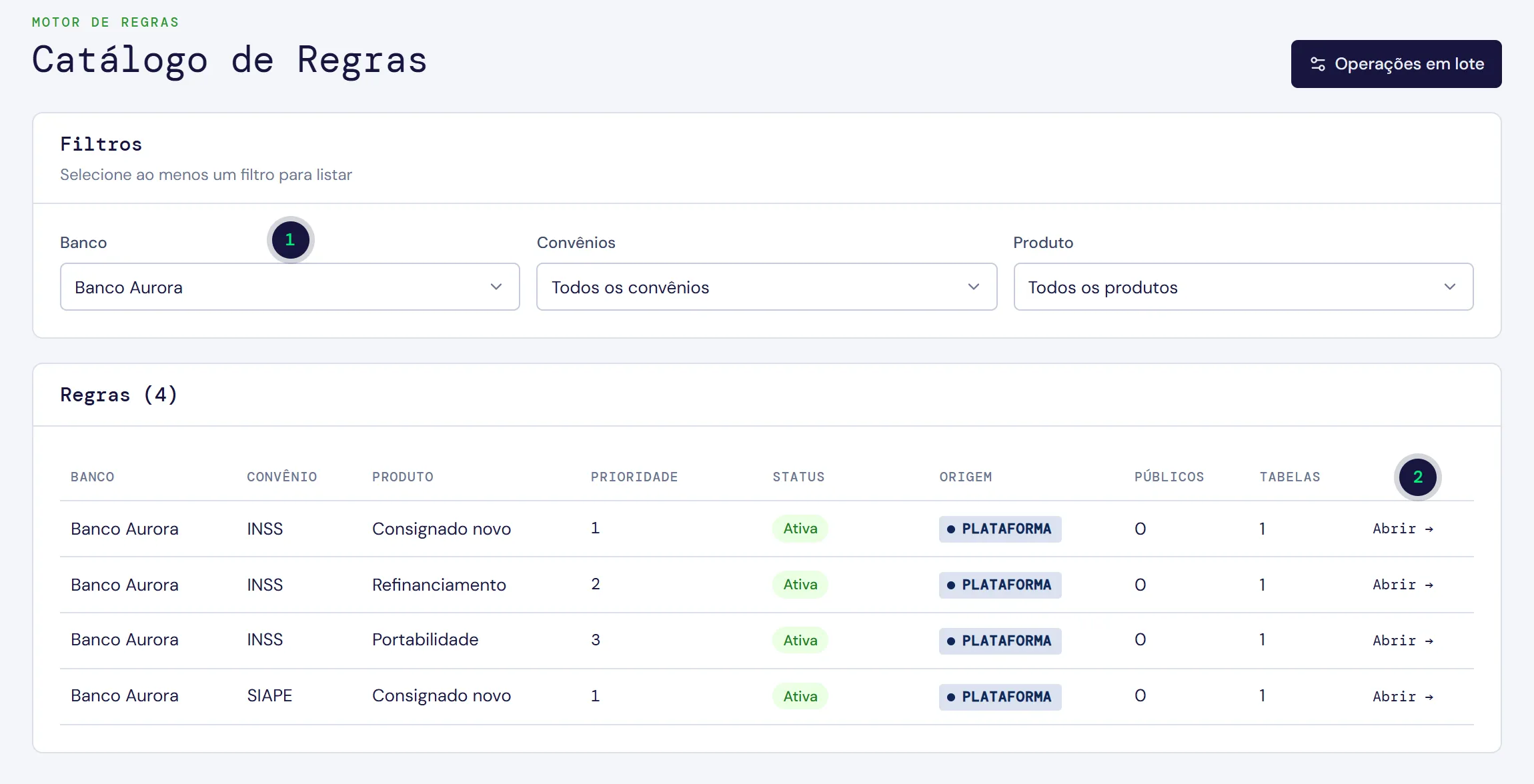 Catálogo de Regras filtrado por banco